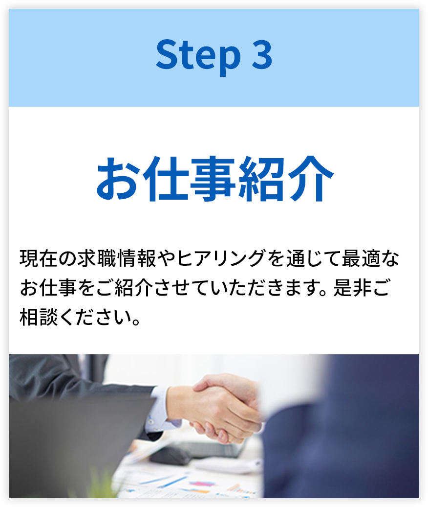 【SETP3-お仕事紹介】現在の求職情報やヒアリングを通じて最適なお仕事をご紹介させていただきます。是非ご相談ください。
