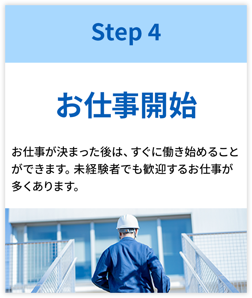 【SETP4-お仕事開始】お仕事が決まった後は、すぐに働き始めることができます。未経験者でも歓迎するお仕事が多くあります。