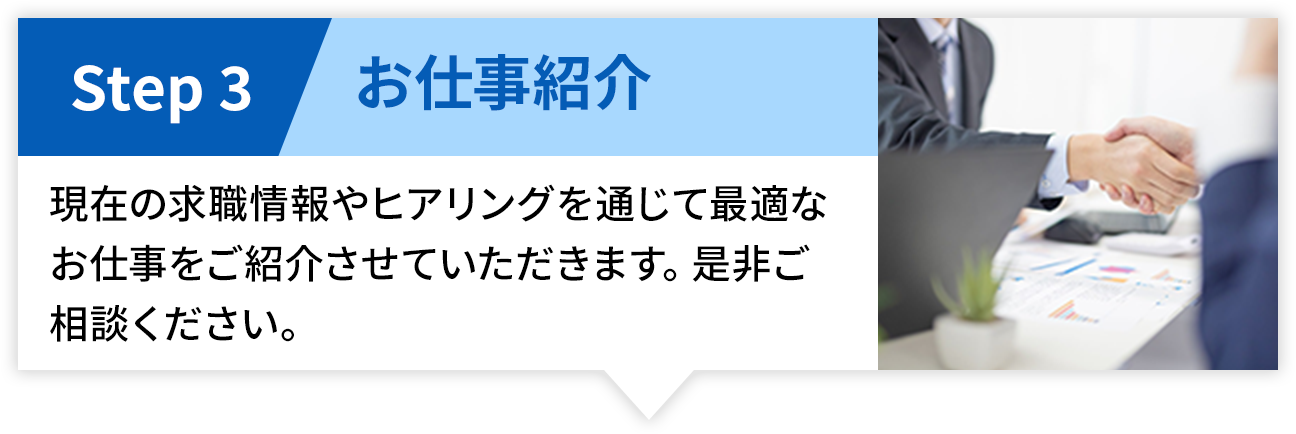 【SETP3-お仕事紹介】現在の求職情報やヒアリングを通じて最適なお仕事をご紹介させていただきます。是非ご相談ください。